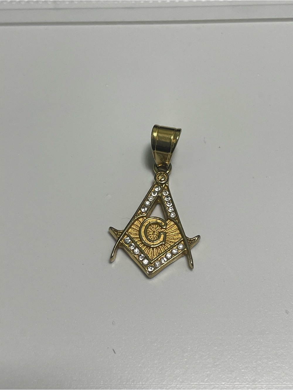 Gold Masonic Square & Compass Pendant with Crystal Accents